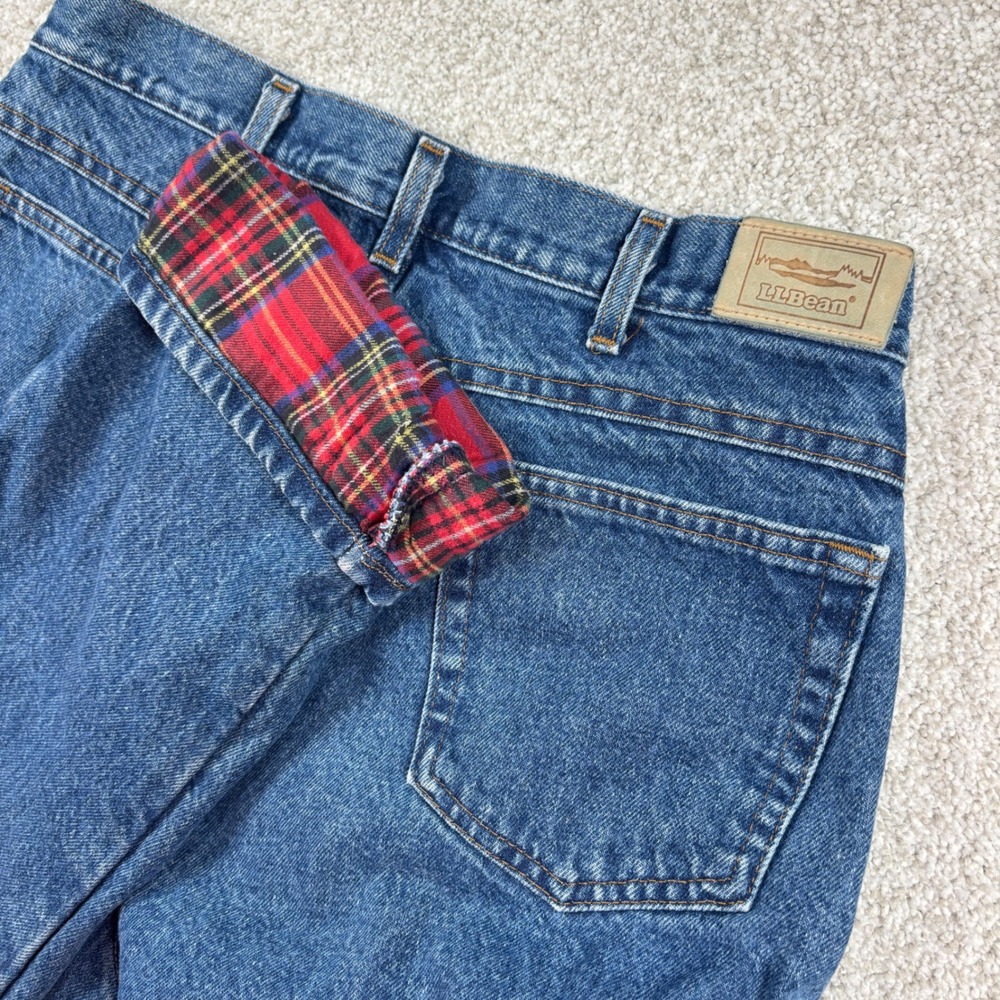 LL Bean Flannel Lined Jeans Mens 32x30 Blue Plaid Lined Relaxed Fit Denim